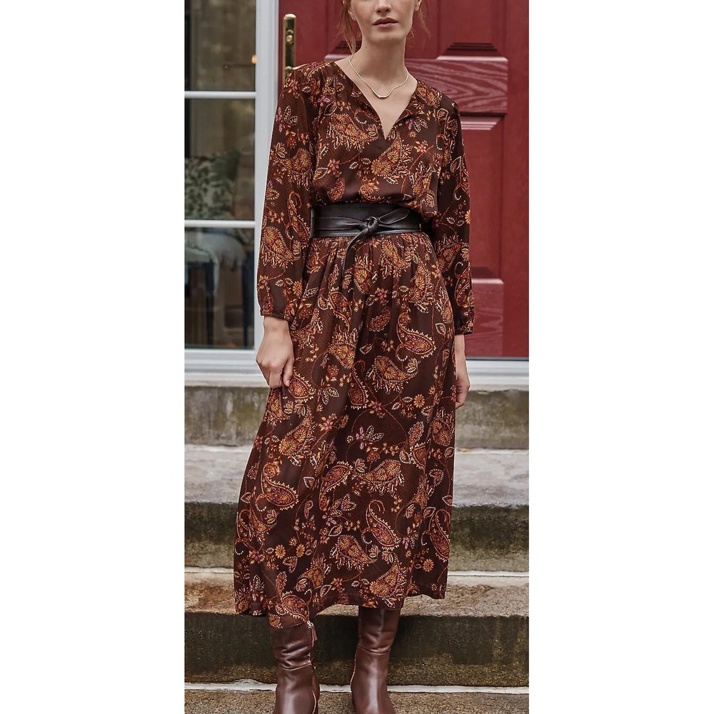 NWT J. Jill Sz L Western Boho Paisley Midi Dress Chocolate Brown Smocked Fall